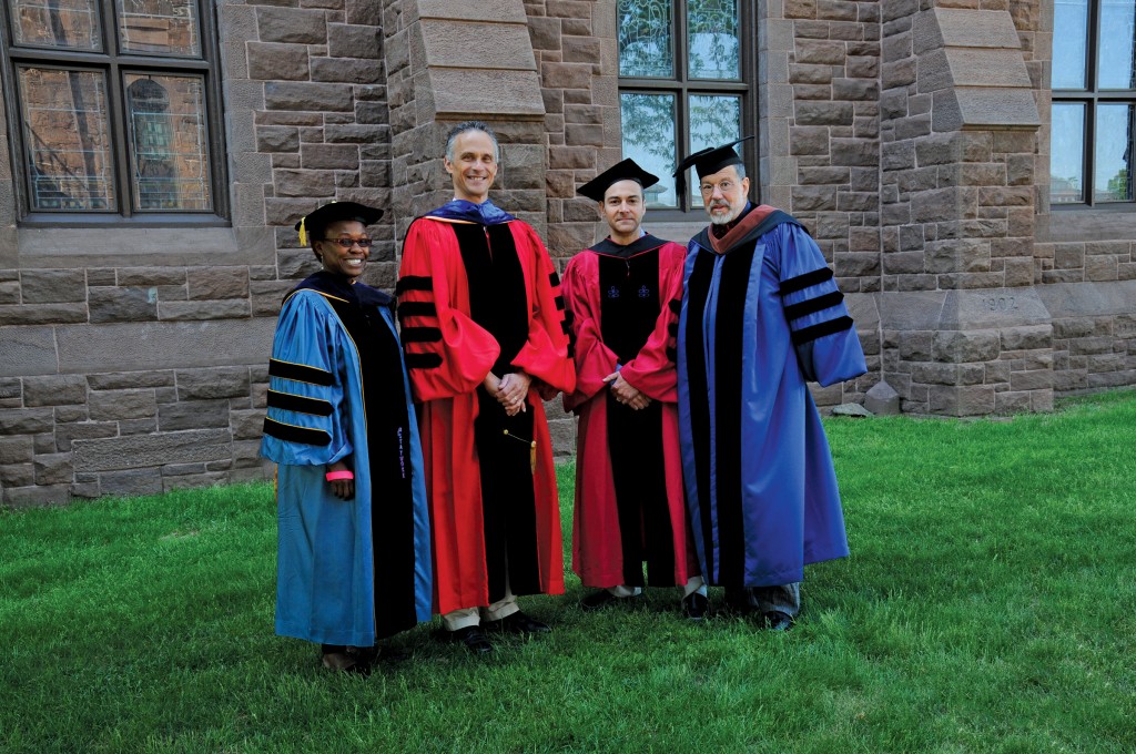 Honored with the Binswanger Prize for Excellence in Teaching (l to r): Gina Athena Ulysses, associate professor of anthropology; Michael Calter, professor of chemistry; and David Schorr, professor of art [President Roth is second from left.]