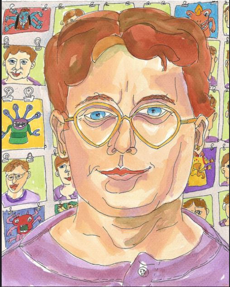 "In the Hall of My Ancestors," by Julia L. Kay. The author in front of a month's worth of self-portraits, drawn in traditional pen and watercolor.