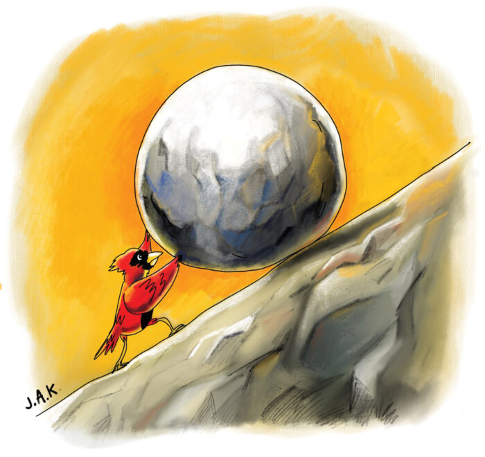 cardinal pushing boulder uphill