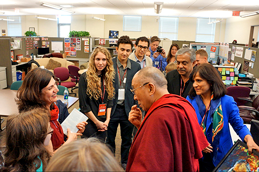 MOOC student Balesh Jindal of New Delhi, India meets the Dalai Lama at an observance of World Compassion Day at Stanford University. As the winner of the Day of Compassion contest, Jindal was flown to California for the event, and Stanford's Center for Compassion and Altruism Research and Education donated $1,000 to a charitable organization of her choice.