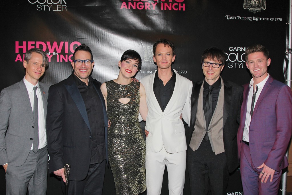 Creative team of Hedwig and the Angry Inch on opening night (l to r): Book writer John Cameron Mitchell, director Michael Mayer, actress Lena Hall, Neil Patrick Harris, composer/lyricist Stephen Trask, choreographer Spencer Liff. Photo: Bruce Glikas.