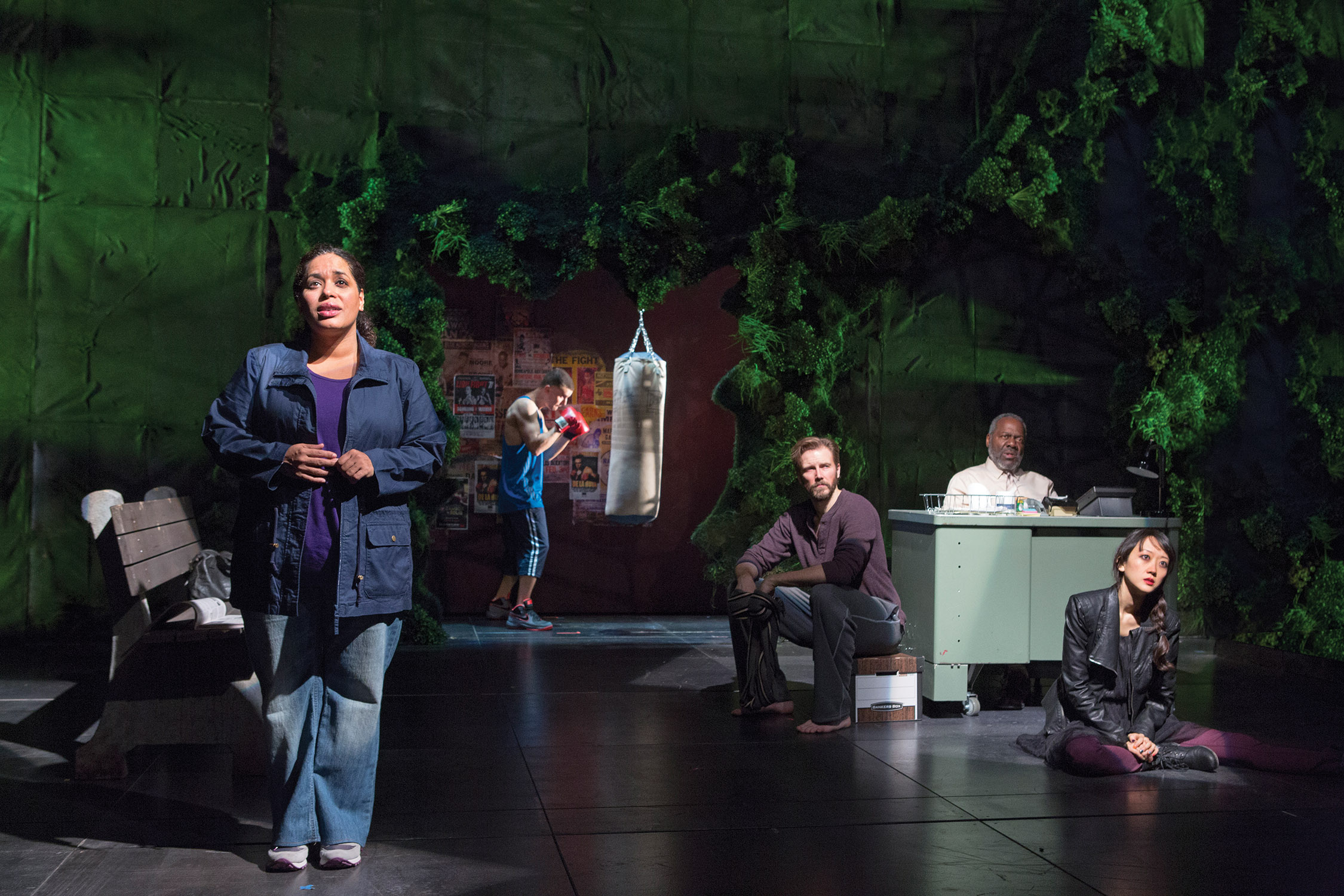 (Left to right) Liza Colón-Zayas, Armando Riesco, Bill Heck, Frankie Faison, and Sue Jean Kim in Water by the Spoonful by Quiara Alegría Hudes at a production at Second Stage Theater, New York City, 2013.  Photo: Richard Termine
