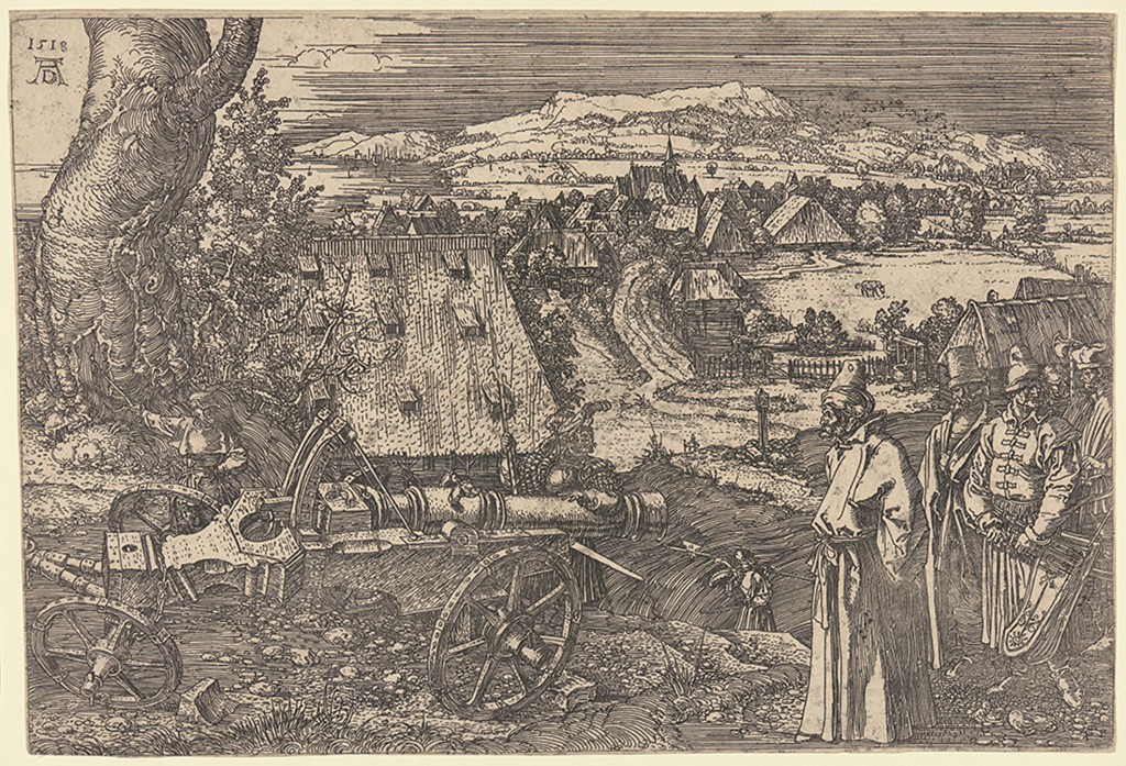 Printmaker Albrecht Dürer (1471–1528) completed his sixth and final etching, Landscape with Cannon, in 1518.  Open Access Image from the Davison Art Center (photo: R. Lee).