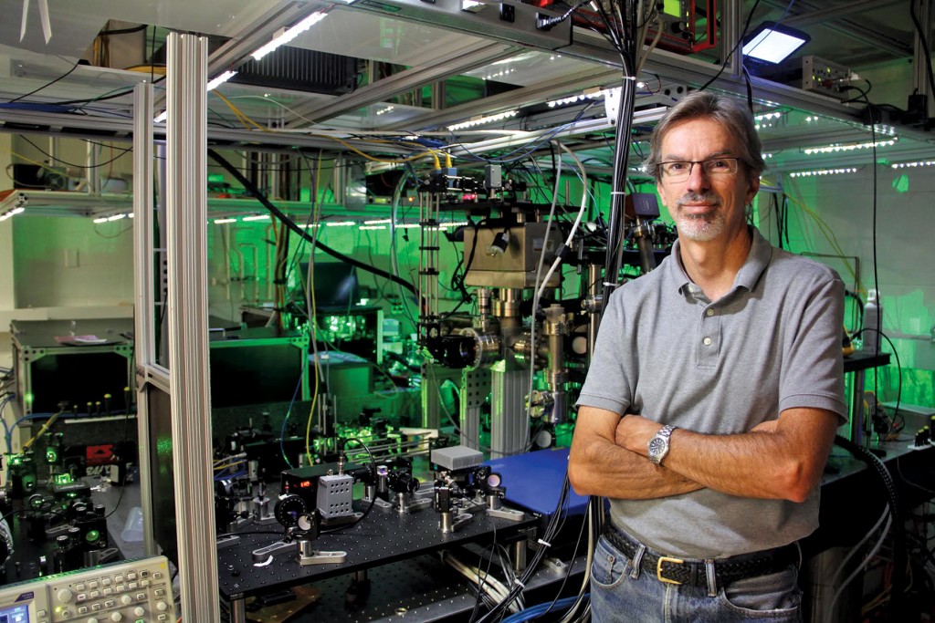 Steve Rolston ’80, co-director of the Joint Quantum Institute, works on questions in quantum physics. Although researchers and labs are currently split between two locations in Maryland, Rolston has always worked to ensure the faculty interact frequently. “The way you do physics is with coffee. You have to run into each other.” To that end, researchers are in the process of moving into a sleek new physics building on the University of Maryland campus. Photo: E. edwrads, JQI.