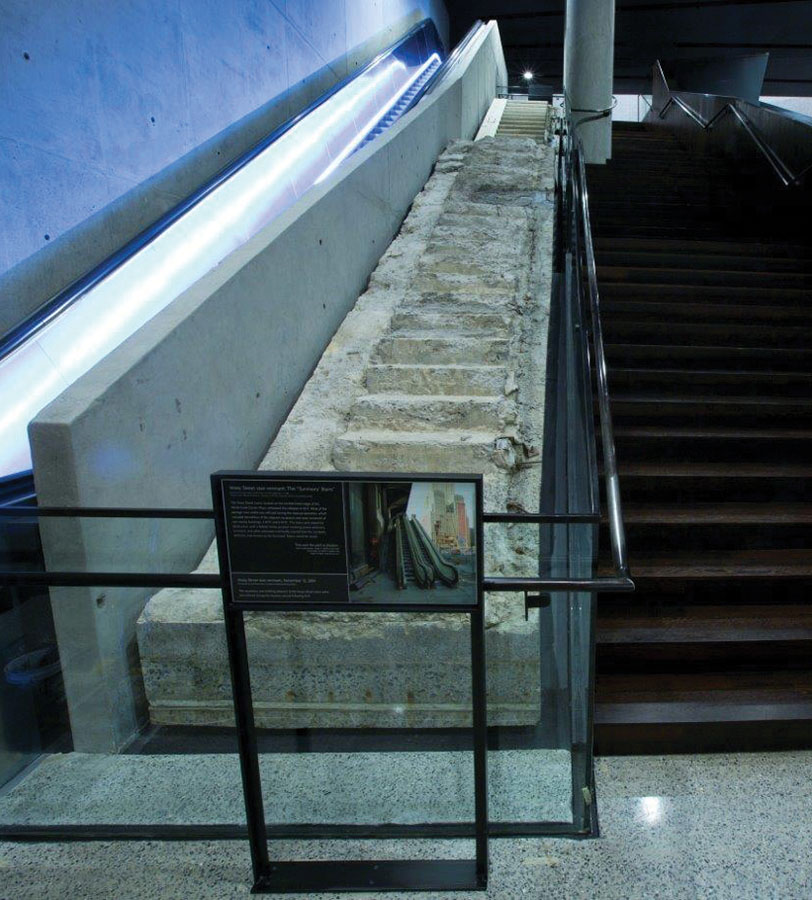 5. The Vesey Street stairway served as a route to safety for many on 9/11. Known as the “Survivors’ Stairs,” the steps were left mostly intact that day but sustained significant damage during the nine-month recovery period at the site. Photo: Jin Lee/911 Memorial.