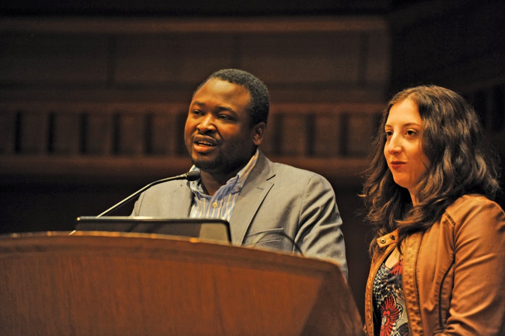 Find Me Unafraid authors Kennedy Odede ’12 and Jessica Posner ’09 returned to campus as keynote speakers at the Social Impact Summit, sponsored by the Shasha Seminar for Human Concerns. Photo: John Van Vlack.
