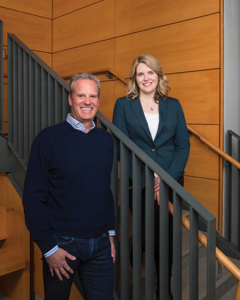  Students who want expert advice on how to pursue the most sought-after jobs and internships visit the Gordon Career Center. Newly named for Andrew Brandon-Gordon ’86. Brandon-Gordon is shown here with Sharon Belden Castonguay, director of the Gordon Career Center. Photo by Robert Adam Mayer.